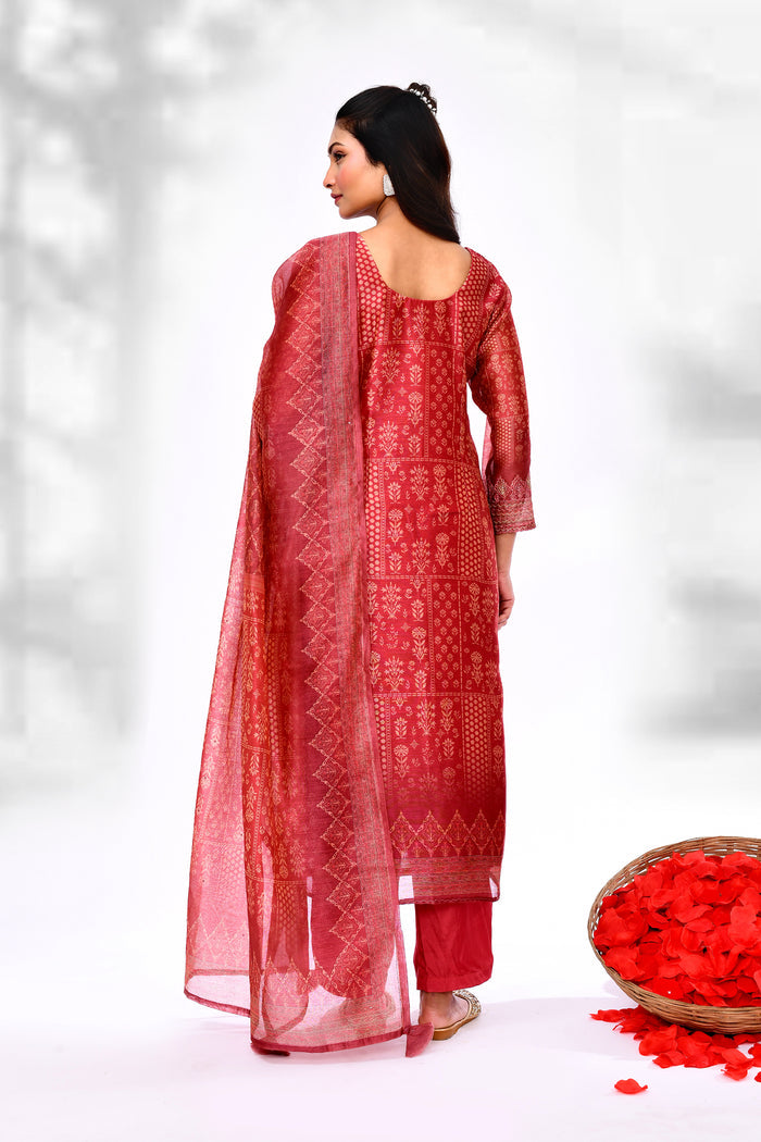 Candy Red Chiffon Floral Printed Kurta Set