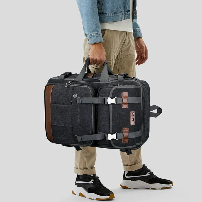 Canvas 3‑in‑1 Carry on Travel Backpack, main compartment opened for packing