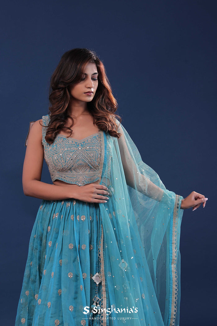 <img> Capre Blue Silk Lehenga Set