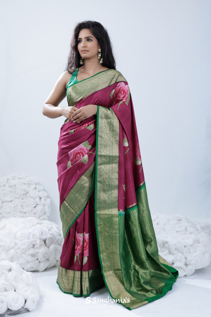 Cardinal Purple Printed Kanjivaram Silk Saree With Floral Design
