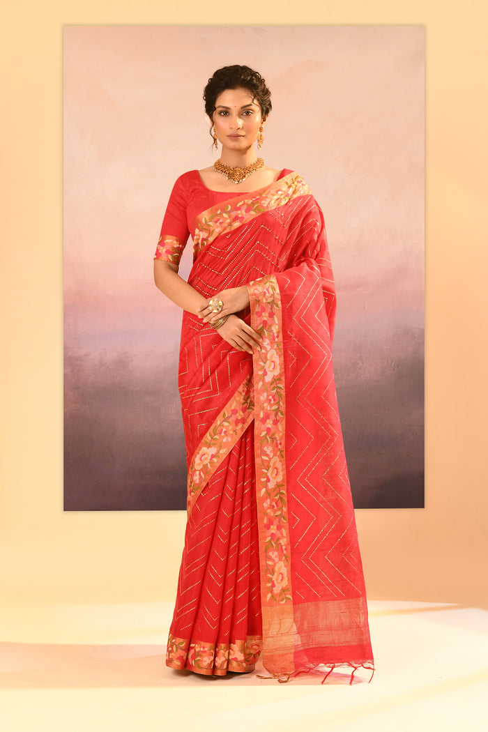 Cardinal Red Dupion Silk Foil Printed Saree