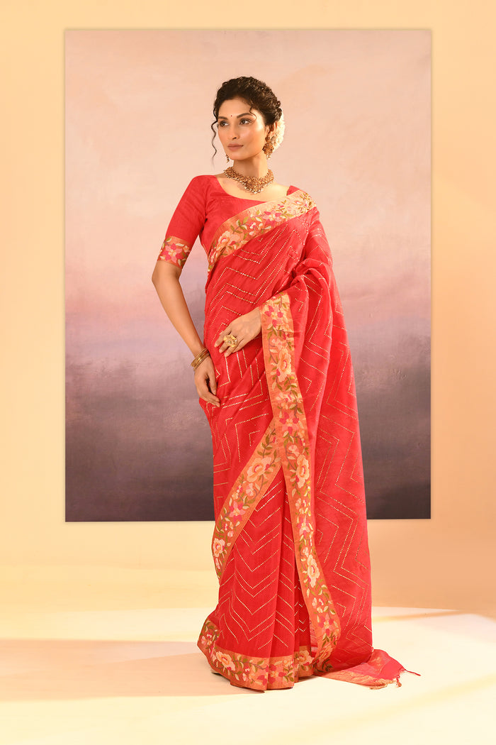 Cardinal Red Dupion Silk Foil Printed Saree