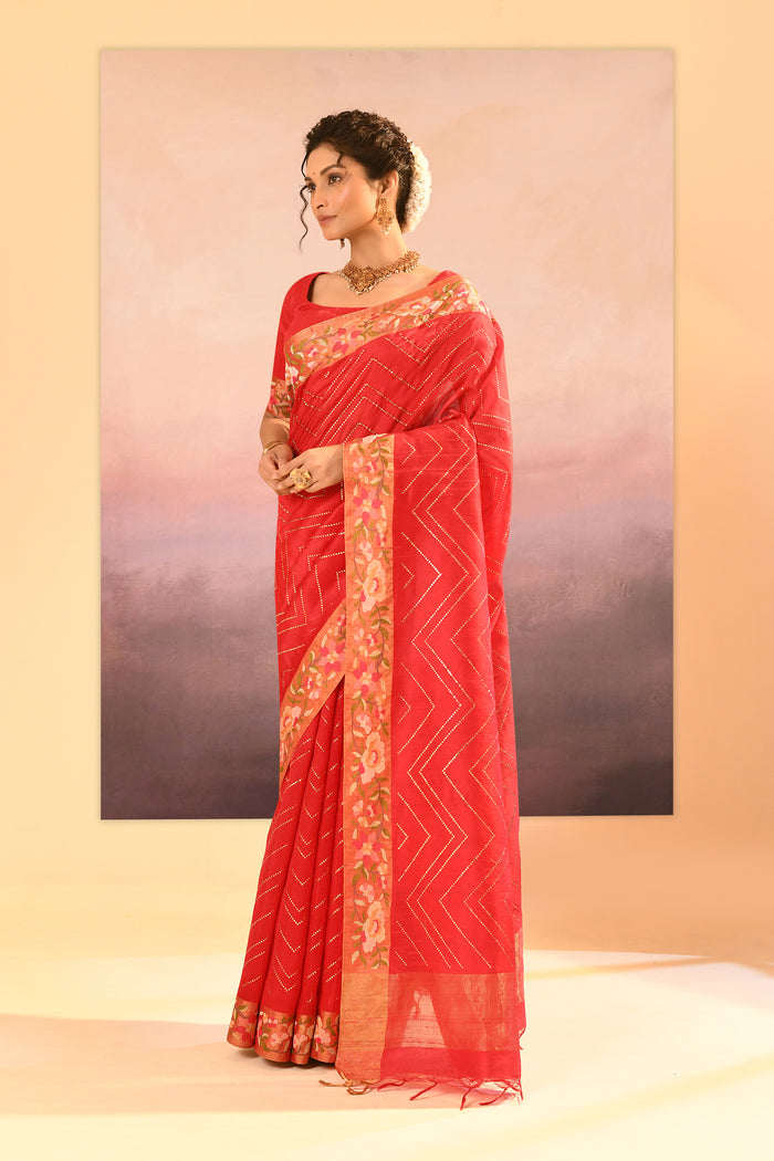 Cardinal Red Dupion Silk Foil Printed Saree