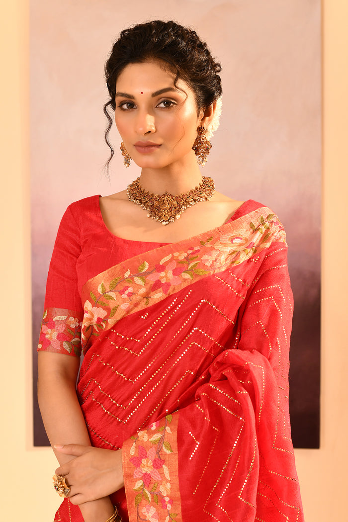 Cardinal Red Dupion Silk Foil Printed Saree