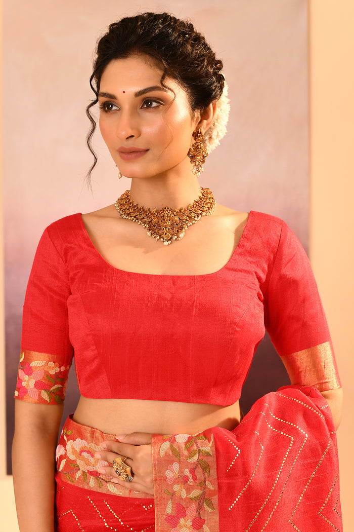 Cardinal Red Dupion Silk Foil Printed Saree