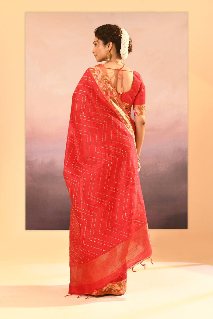 Cardinal Red Dupion Silk Foil Printed Saree
