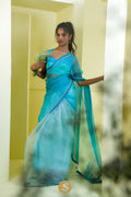 <img> Carolina Blue Printed Organza Saree With Leheriya Pattern