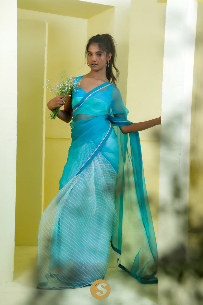 <img> Carolina Blue Printed Organza Saree With Leheriya Pattern