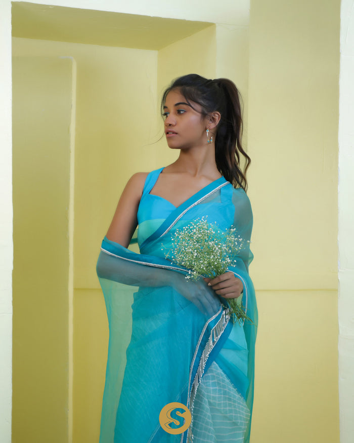<img> Carolina Blue Printed Organza Saree With Leheriya Pattern