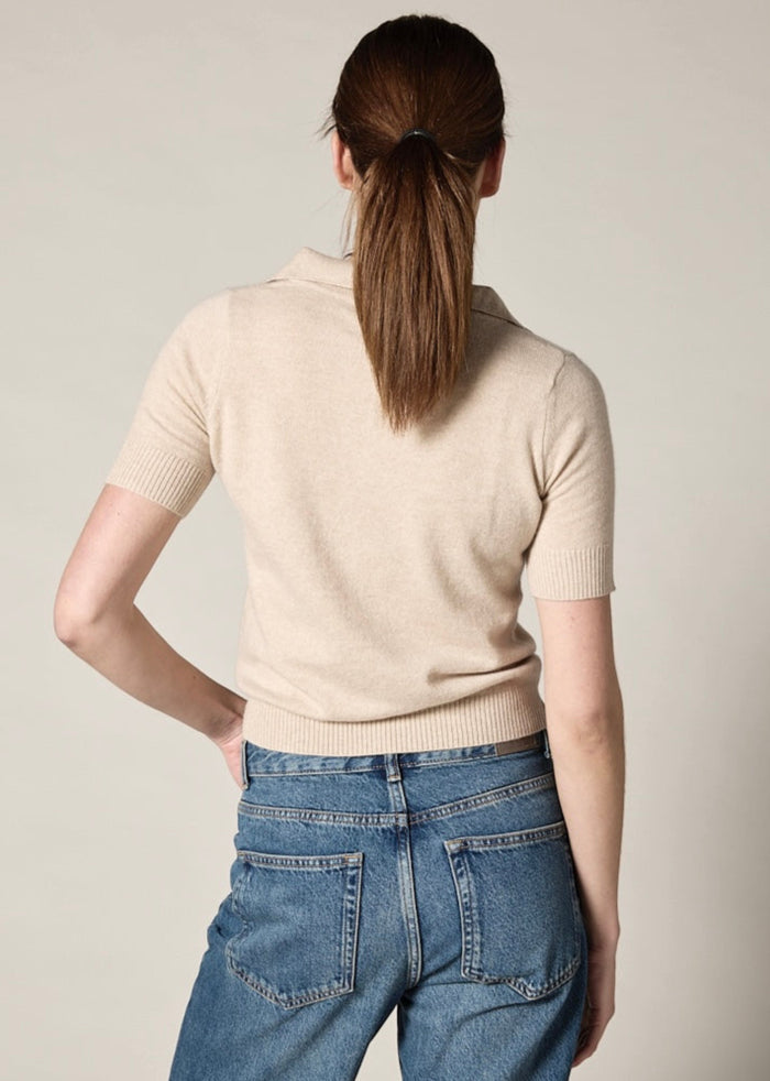 Sonya Hopkins Sydney 100% cashmere polo knit in pale marle beige