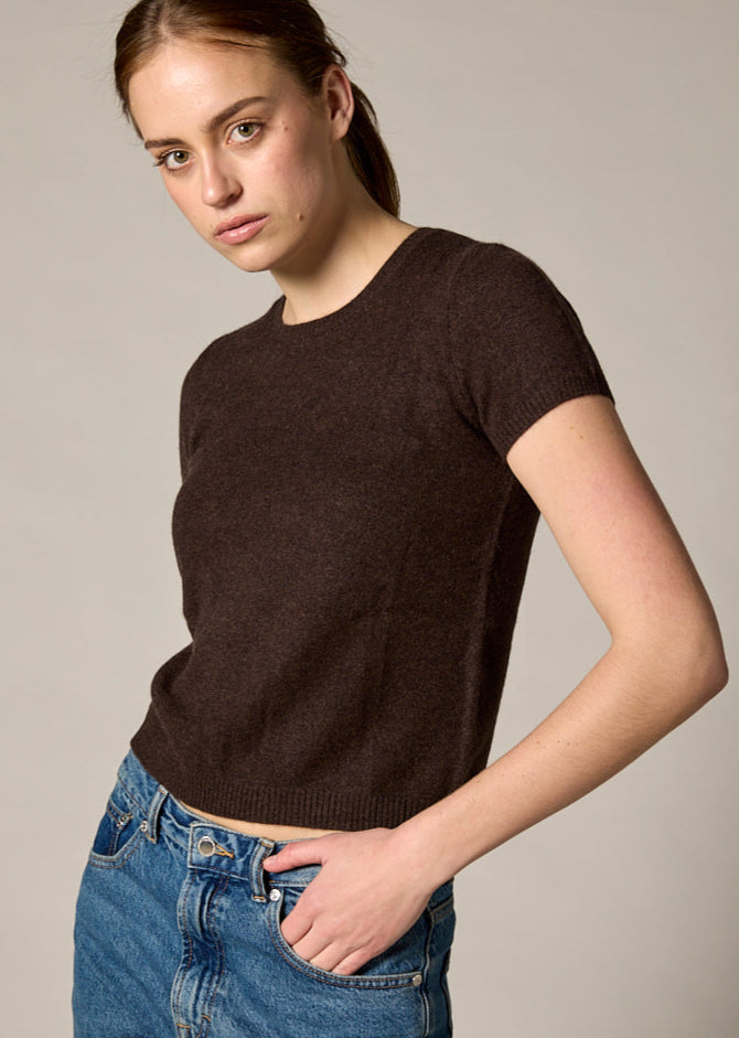 Sonya Hopkins 100% cashmere tiny t-shirt in dark marle brown