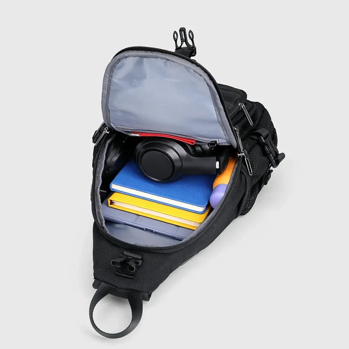 Casual Nylon Chest Bag Triangular Crossbody Sling Bags for Men, main pocket opened for essentials