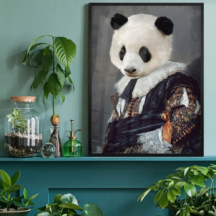 Cavalier Panda Portrait Print, quirky altered art print black framed on a living room shelf