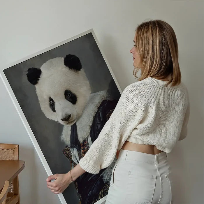 Cavalier Panda Portrait Print held up against a living room wall