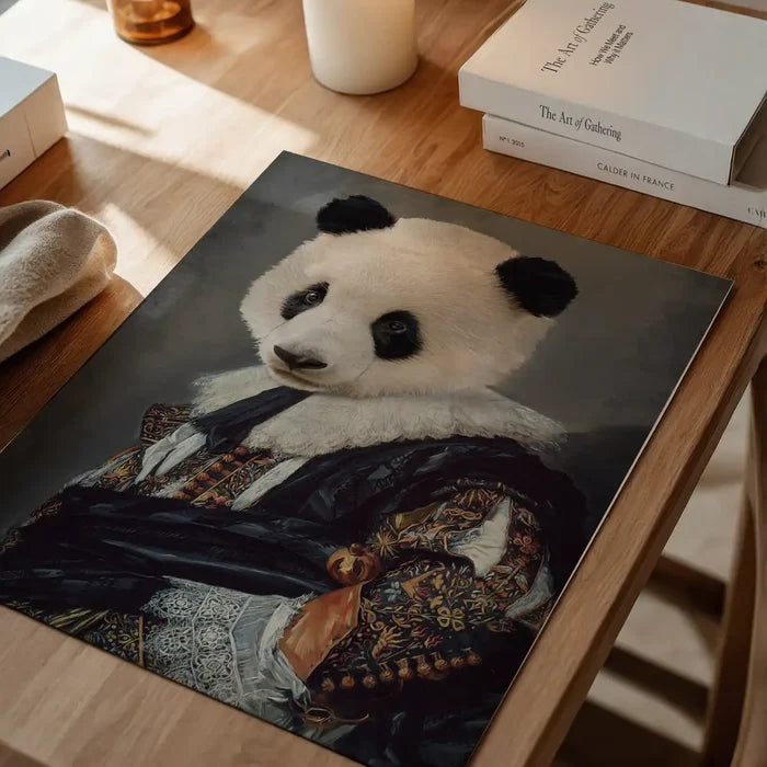 Cavalier Panda Portrait Print, quirky altered art print unframed on a home office desk