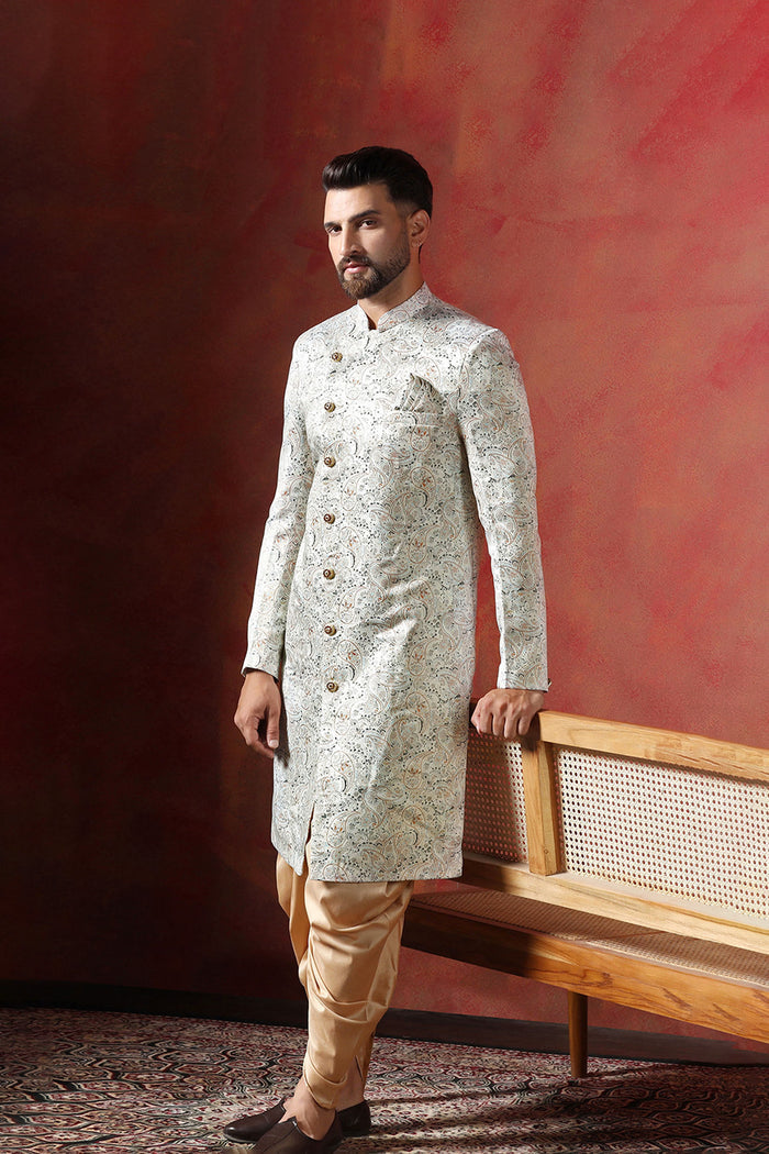 Ceramic White And Cream Cotton Blend Printed Sherwani Set