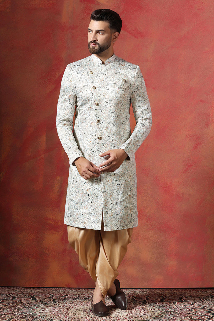 Ceramic White And Cream Cotton Blend Printed Sherwani Set