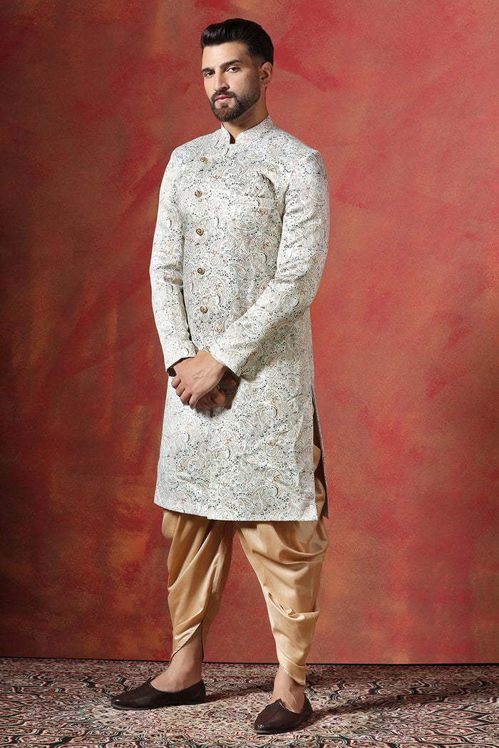 Ceramic White And Cream Cotton Blend Printed Sherwani Set