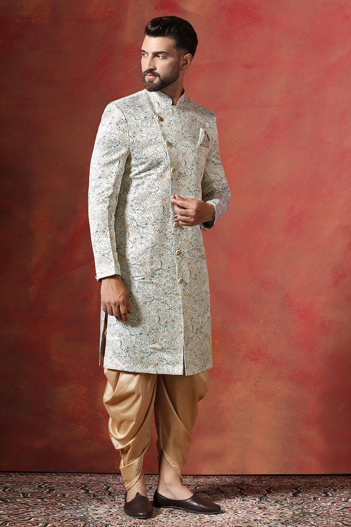 Ceramic White And Cream Cotton Blend Printed Sherwani Set