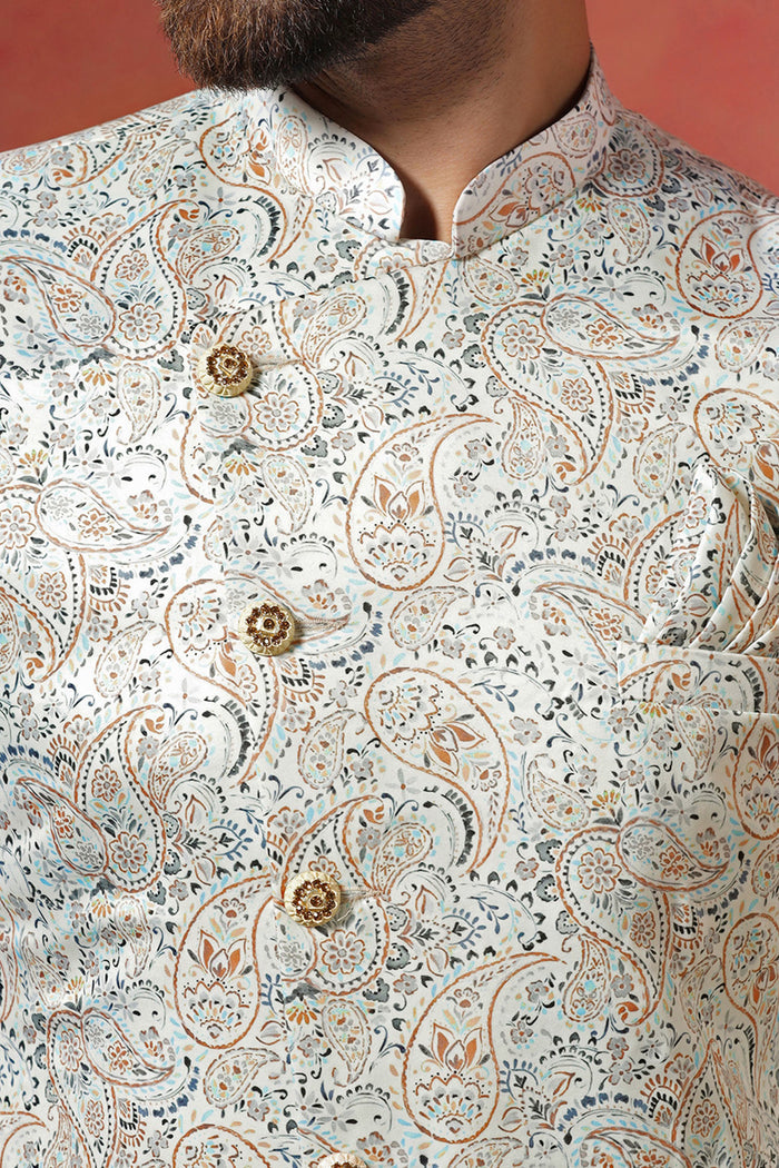 Ceramic White And Cream Cotton Blend Printed Sherwani Set