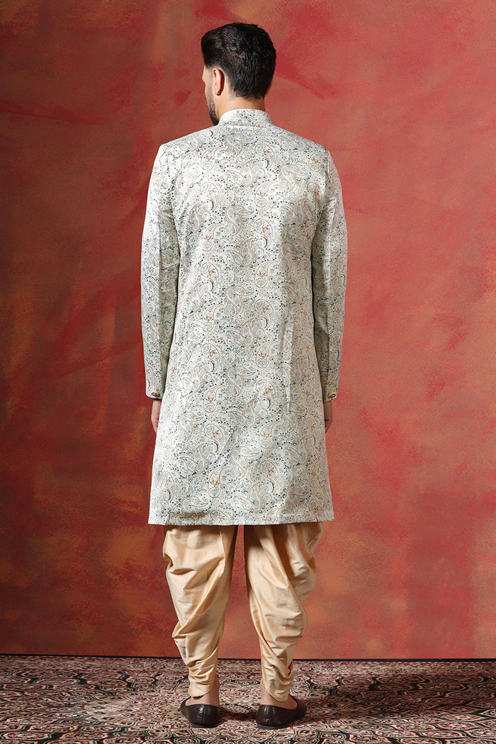 Ceramic White And Cream Cotton Blend Printed Sherwani Set