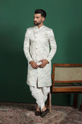 Ceramic White Cotton Blend Printed Sherwani Set