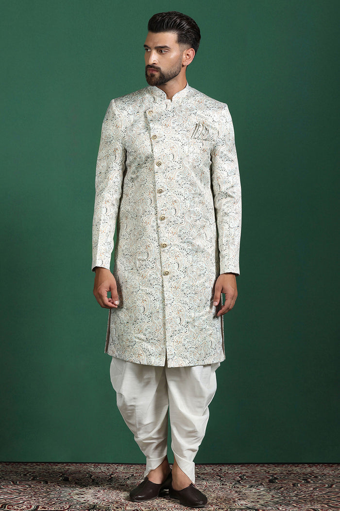 Ceramic White Cotton Blend Printed Sherwani Set