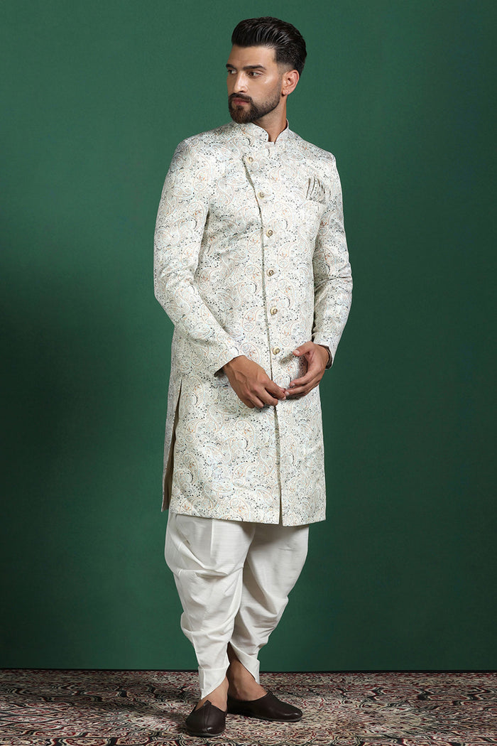 Ceramic White Cotton Blend Printed Sherwani Set