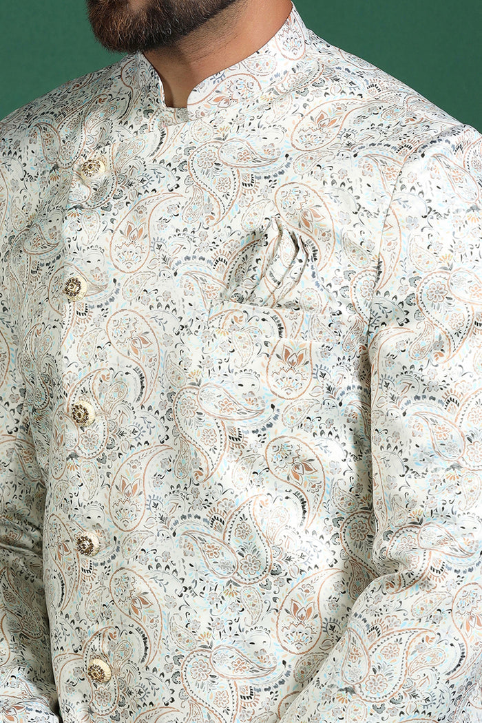Ceramic White Cotton Blend Printed Sherwani Set