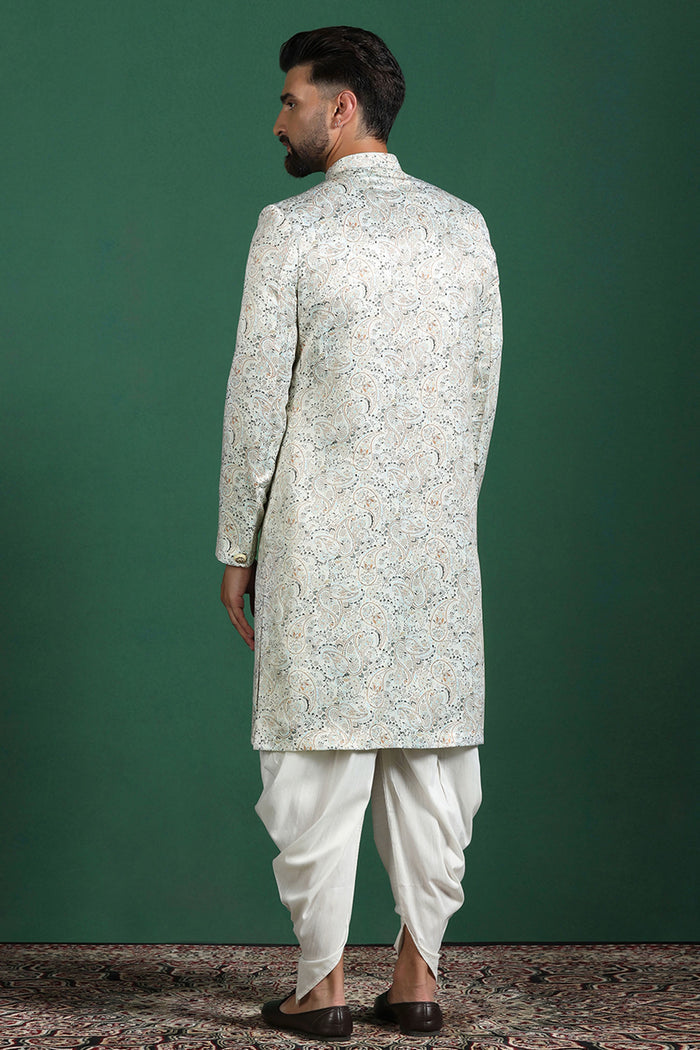 Ceramic White Cotton Blend Printed Sherwani Set
