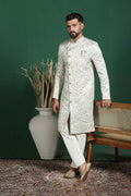 Ceramic White Printed Cotton Blend Sherwani Set