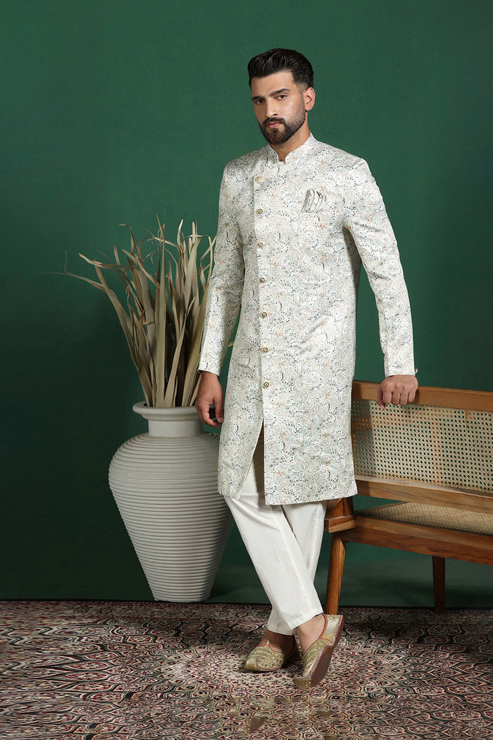 Ceramic White Printed Cotton Blend Sherwani Set