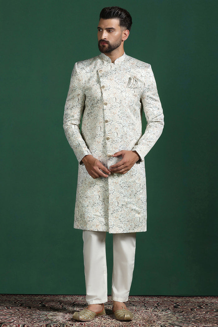 Ceramic White Printed Cotton Blend Sherwani Set