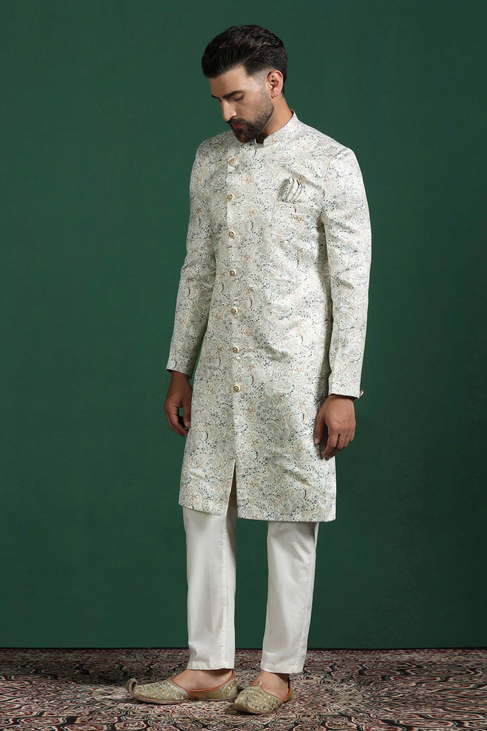 Ceramic White Printed Cotton Blend Sherwani Set