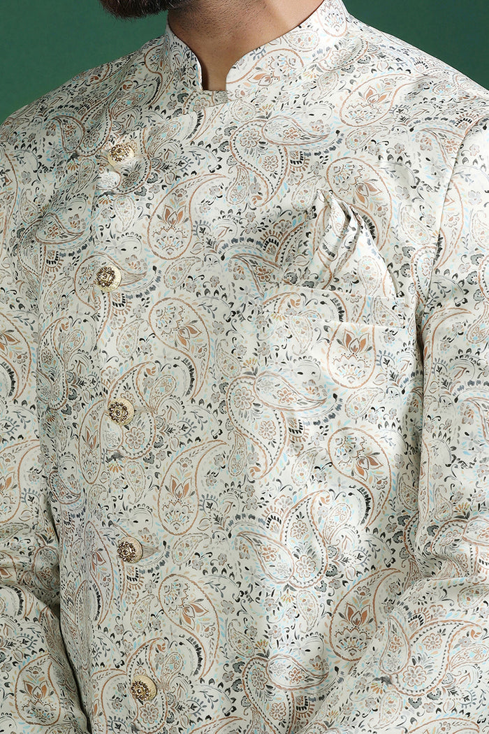 Ceramic White Printed Cotton Blend Sherwani Set