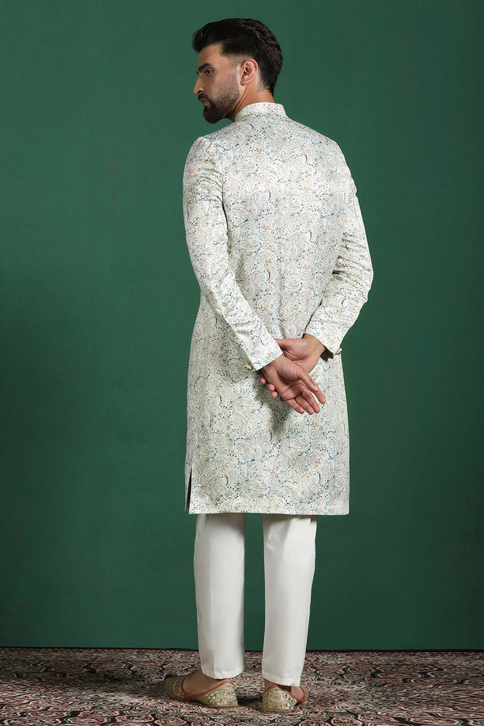 Ceramic White Printed Cotton Blend Sherwani Set