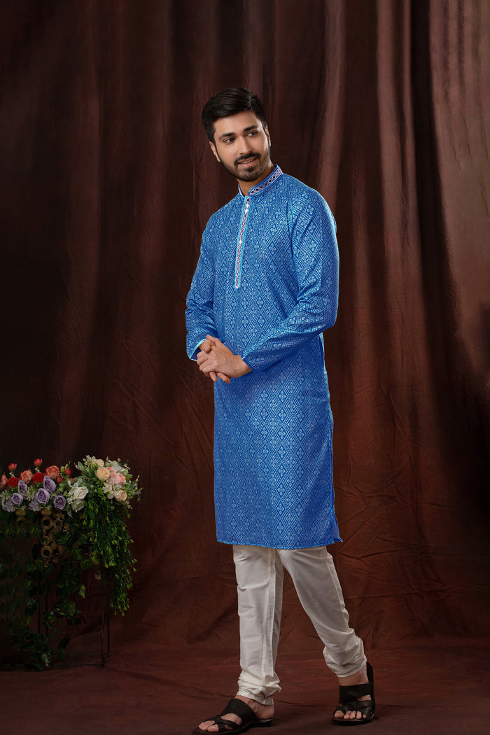 Cerulean Blue Art Silk Kurta Set With Embroidery Work