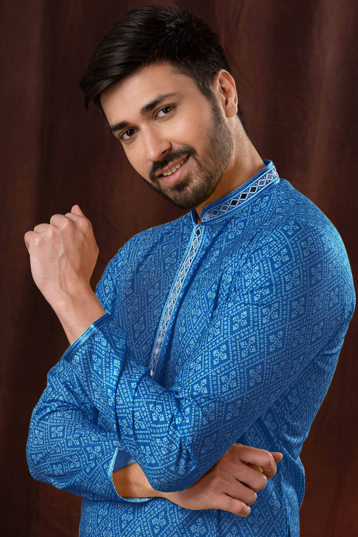 Cerulean Blue Art Silk Kurta Set With Embroidery Work