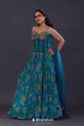 <img> Cerulean Blue Georgette Floral Printed Lehenga Set