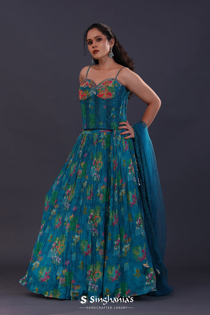 <img> Cerulean Blue Georgette Floral Printed Lehenga Set