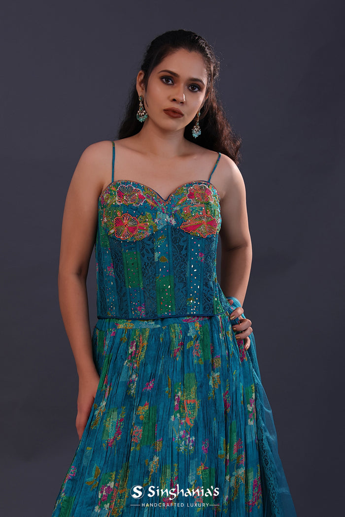 <img> Cerulean Blue Georgette Floral Printed Lehenga Set