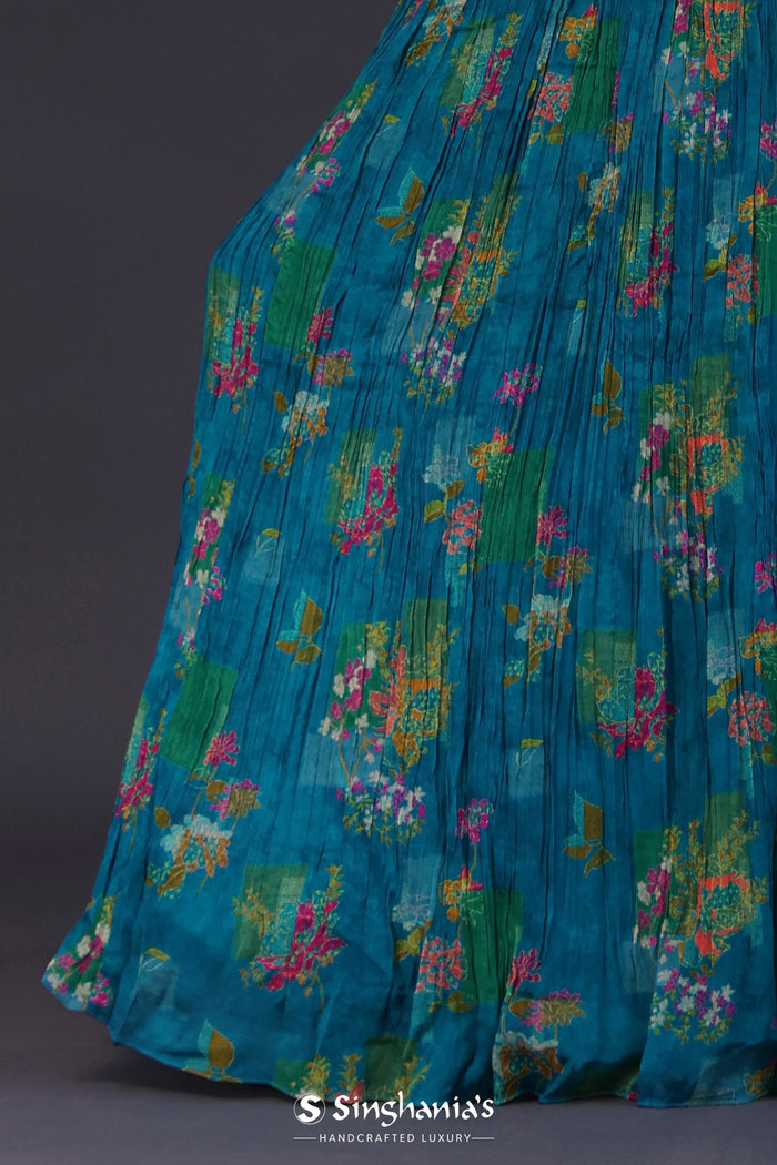 <img> Cerulean Blue Georgette Floral Printed Lehenga Set