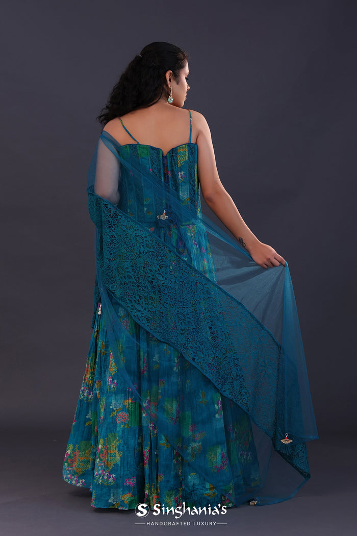 <img> Cerulean Blue Georgette Floral Printed Lehenga Set
