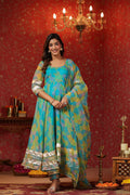 <img> Cerulean Blue Organza Printed Anarkali Set