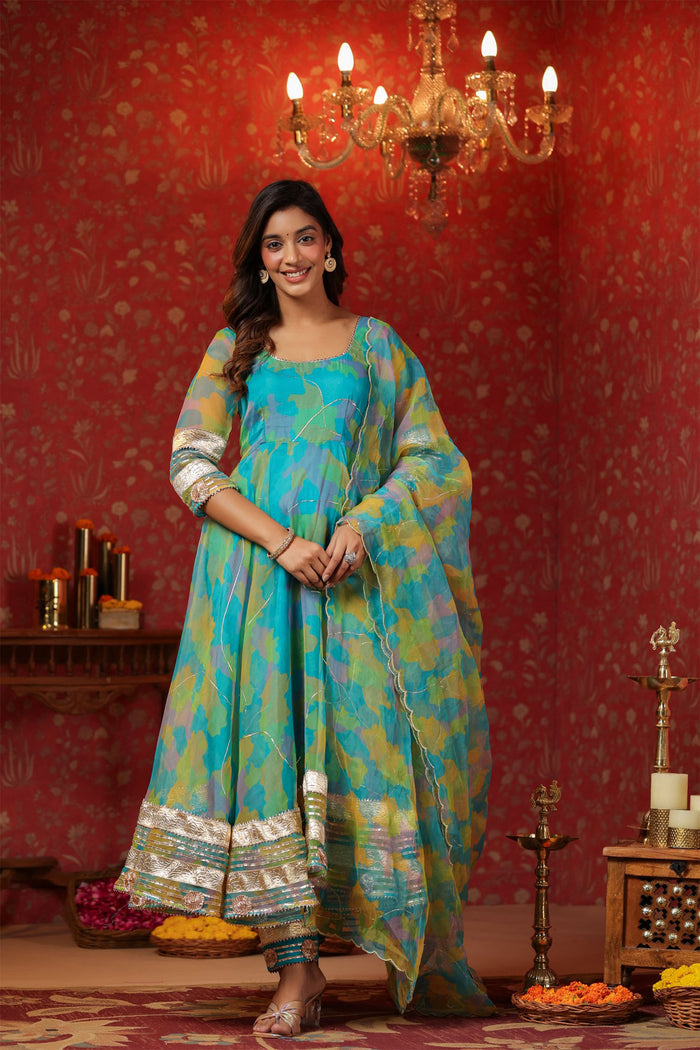 <img> Cerulean Blue Organza Printed Anarkali Set