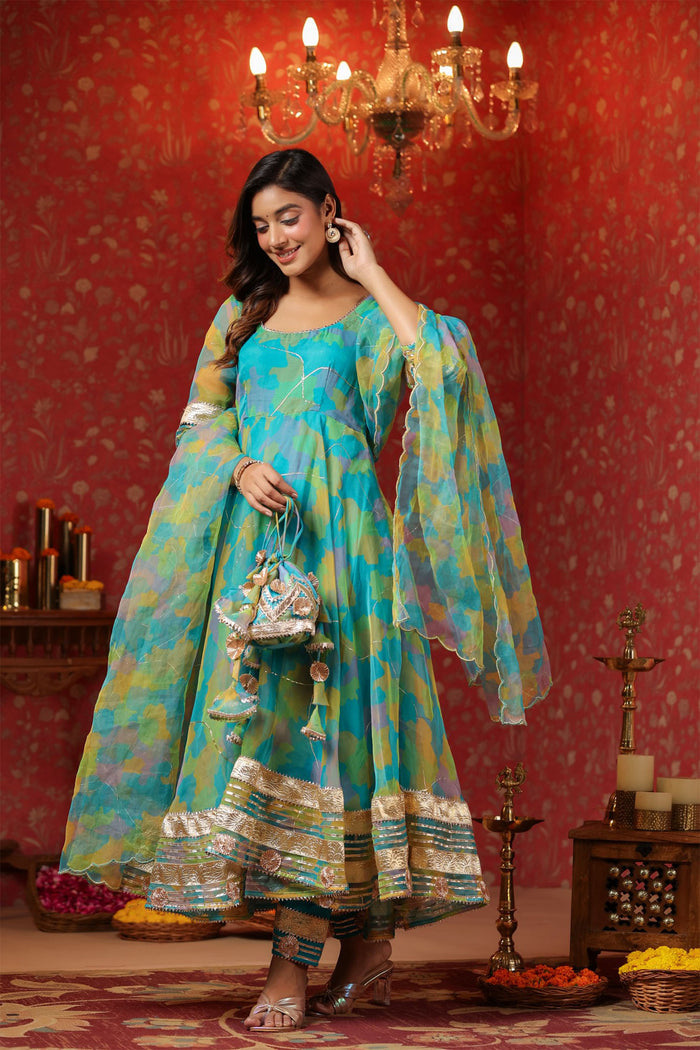 <img> Cerulean Blue Organza Printed Anarkali Set