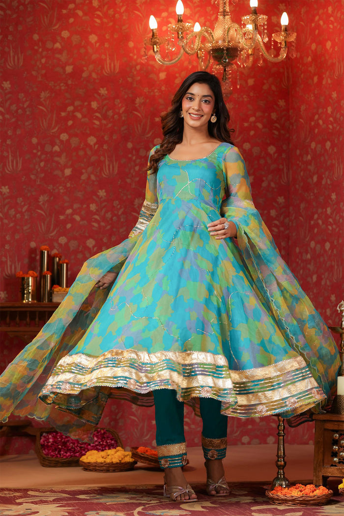 <img> Cerulean Blue Organza Printed Anarkali Set