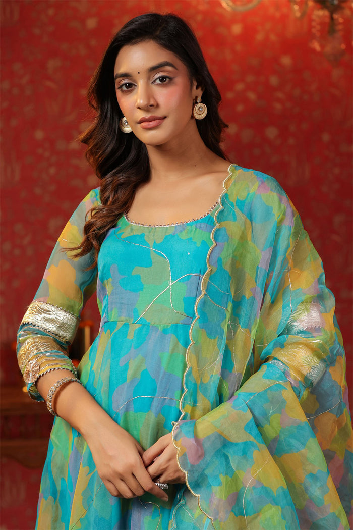 <img> Cerulean Blue Organza Printed Anarkali Set