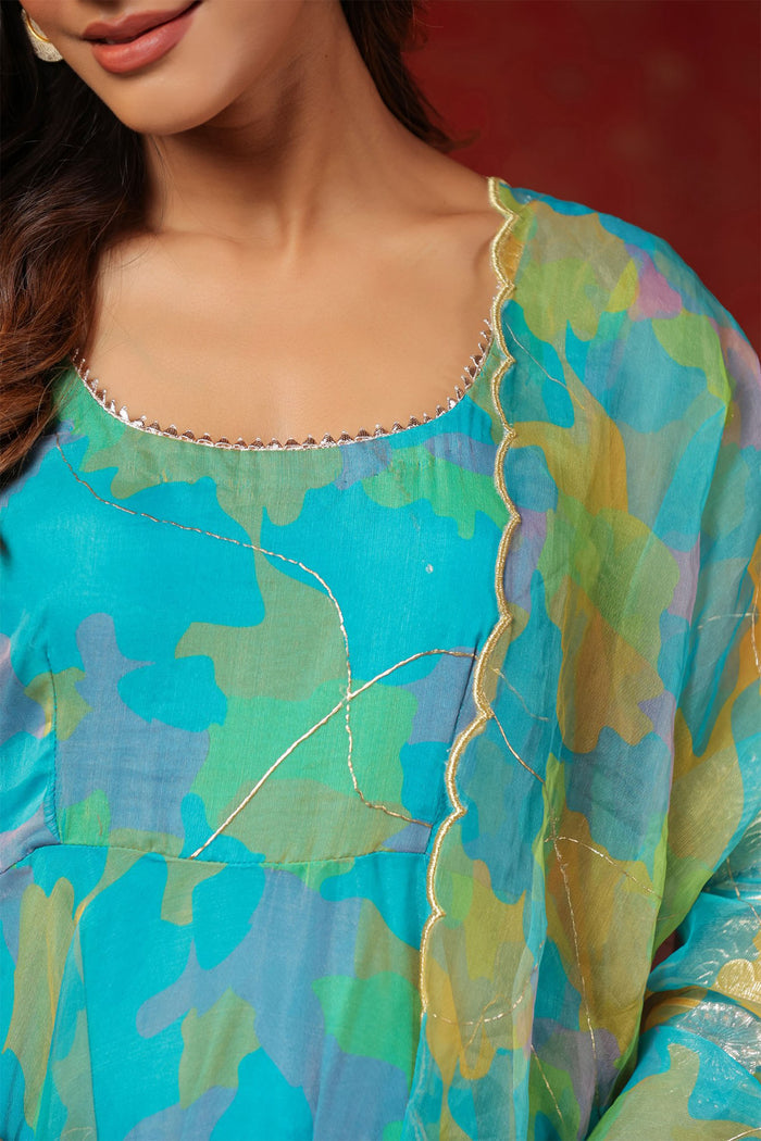 <img> Cerulean Blue Organza Printed Anarkali Set