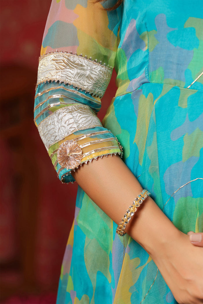 <img> Cerulean Blue Organza Printed Anarkali Set
